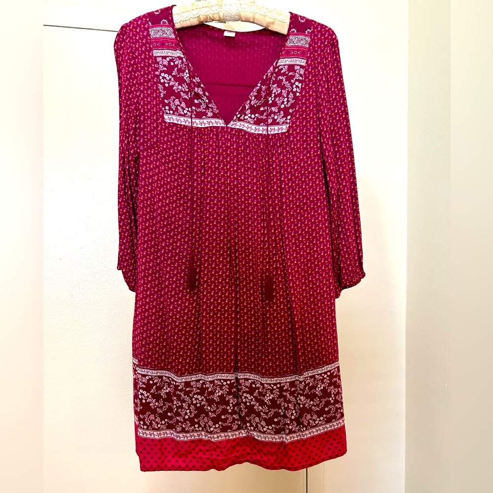 Old Navy Burgundy Boho 3/4 Sleeve Mini Dress, Size Medium